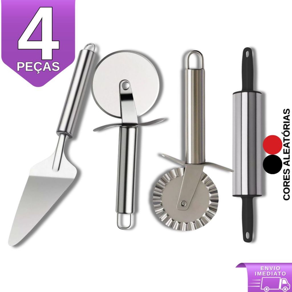 Kit 4 Peças Carretilhas Cortador De Massa Pastel e Pizza, Rolo de Massa e Espátula de Bolo Inox