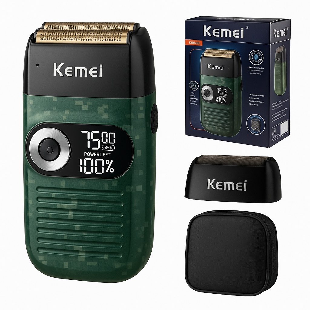 Barbeador Elétrico Shaver Kemei KM-2027 Profissional Recarregável Verde Camuflado Sem Fio