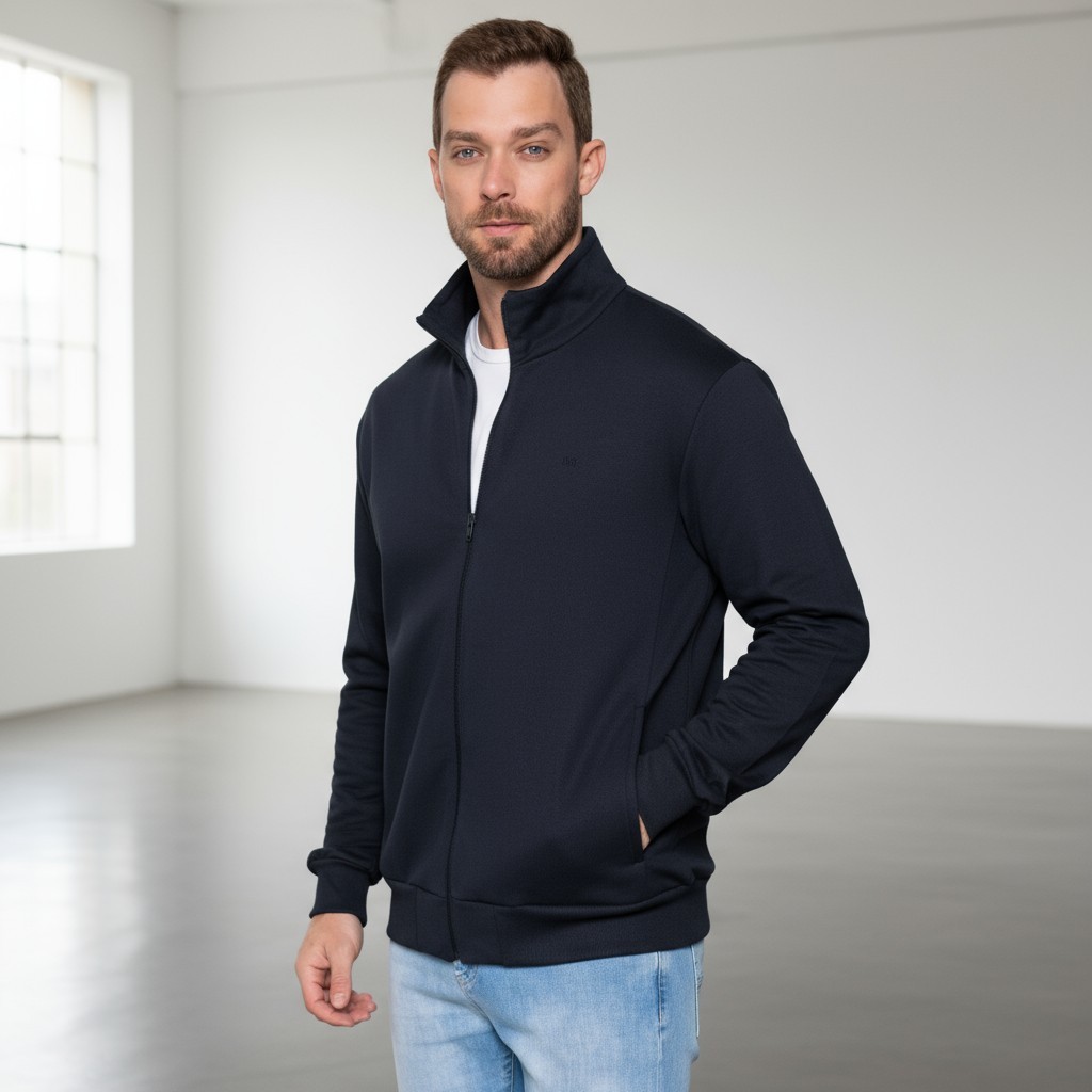 Jaqueta Masculino Adulto Moletom Peluciado com Zíper Gola Alta Bolso Bordado Não Encolhe Blusa Frio