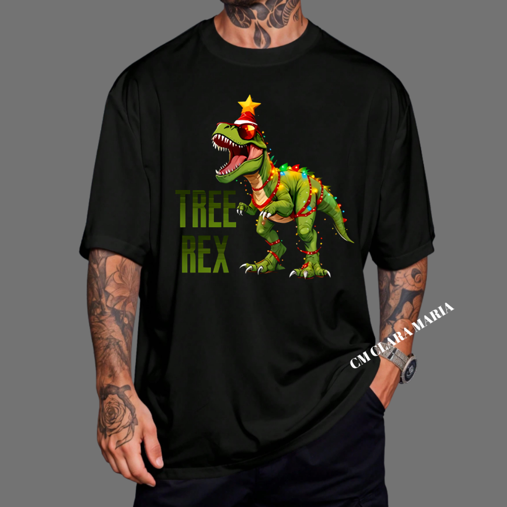Camiseta Lançamento Algodão T-REX NATALINO Lançamento Natal Fim De Ano Estampa  Dinossauro Masculina