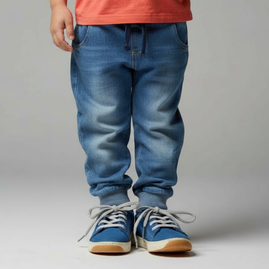 Calça Jeans de Bebê e Infantil Menino com Bolsos e Cós regulagem com Cadarço