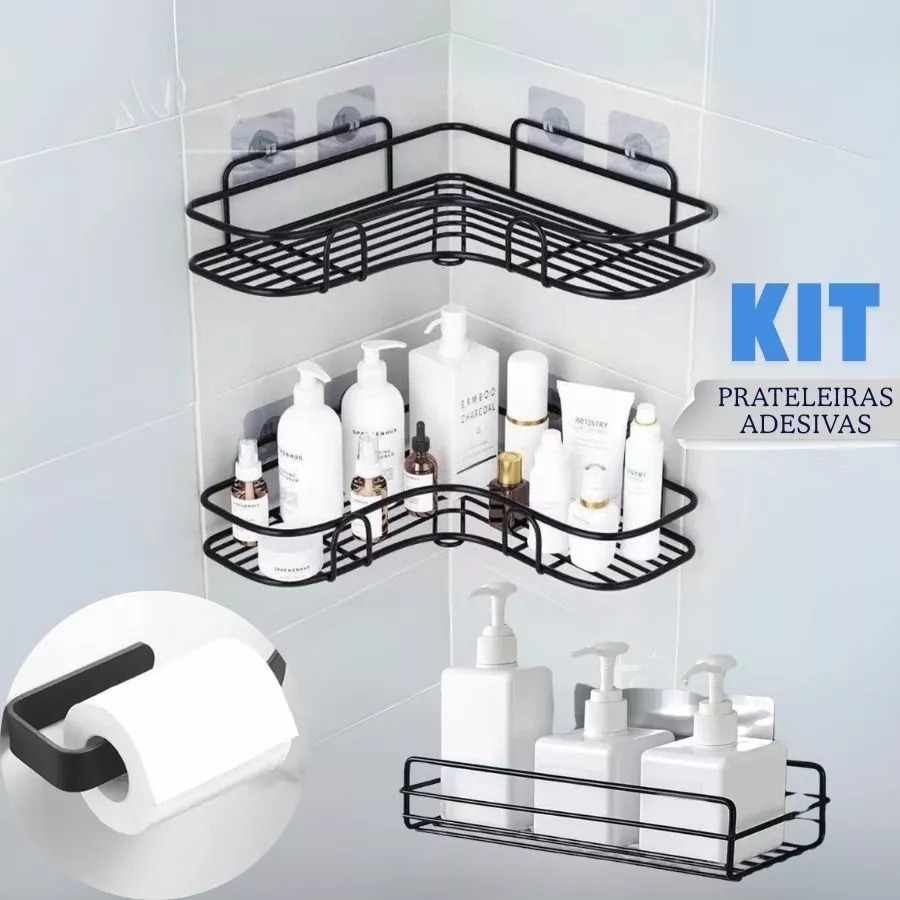 Kit Prateleiras de Canto e Parede Suporte Papel Higiênico Adesivo Sem Furo Preto Banheiro em Oferta na Shopee