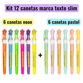 Kit 12 Marca Texto slim  (6 Neon + 6 pastel) Caneta Marca Textos Masterprint escolar varias cores em Oferta na Shopee
