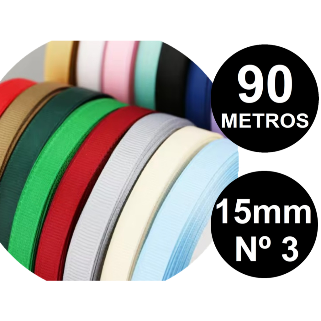 Fita de Gorgurão Rolo 90m 15mm Nº 3  Artesanato Laços Decoração Lembrancinhas Fitas Cores