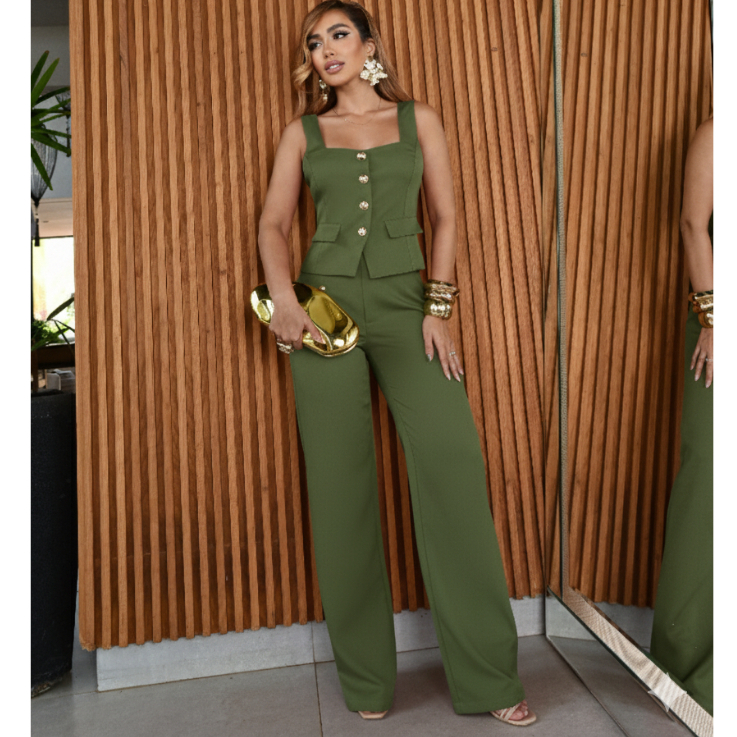 Conjunto Feminino Alfaiataria Elegante na Calça Pantalona E Blusa com Botões Dourados Tendência