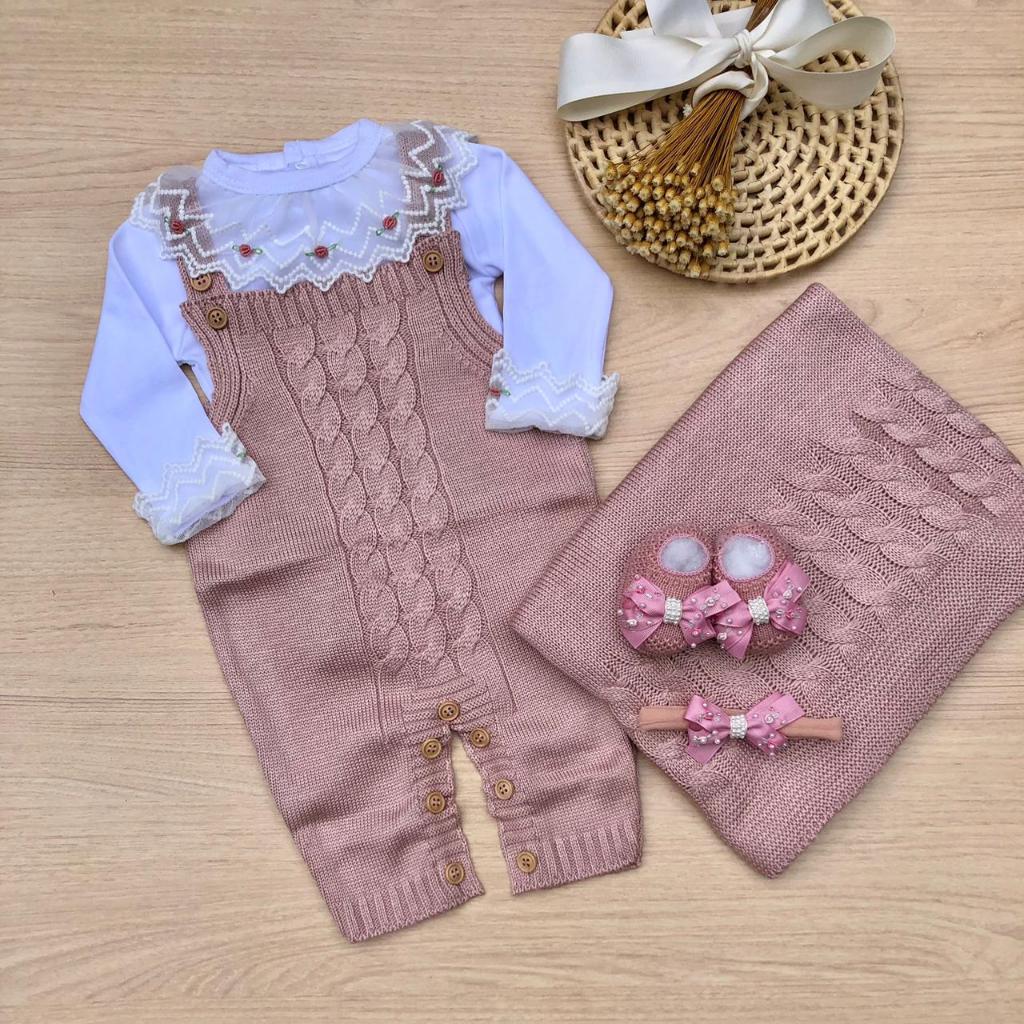 Saída de Maternidade Jardineira Rose Body Renda com Flores Tricot 5 peças