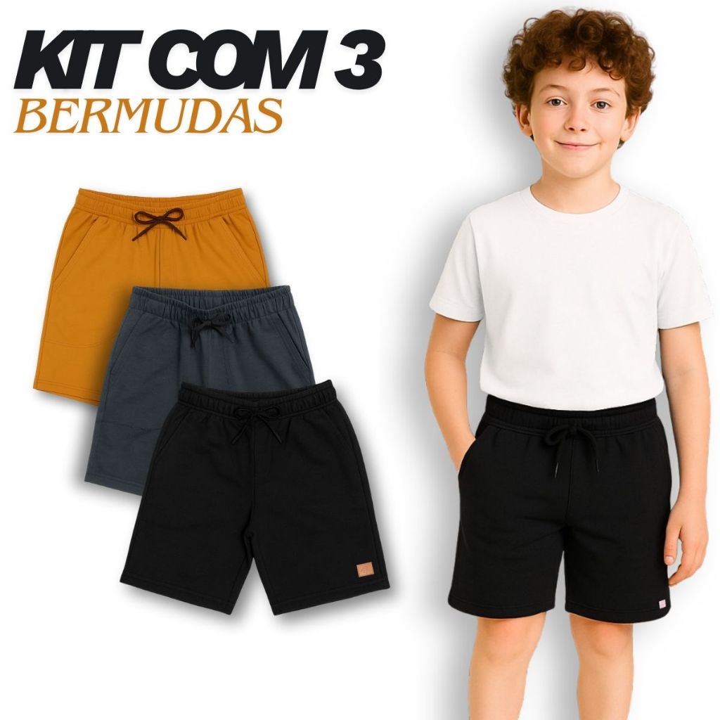 Kit com 3 Bermudas Infantis Masculinas com Bolsos | Moletom Leve 100% Algodão | Tamanhos 4 ao 16