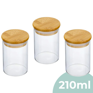 Kit 3 Potes Porta Mantimento Redondo em Vidro Borosilicato com Tampa de Bambu 210ml em Oferta na Shopee
