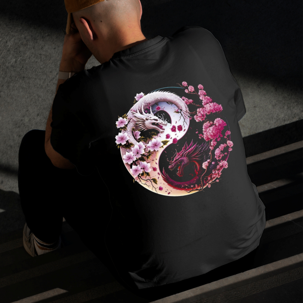 Camiseta Masculina Estampada Ying Yang Dragões 100% Algodão Estilo Conforto Diário Do Tamanho P a GG