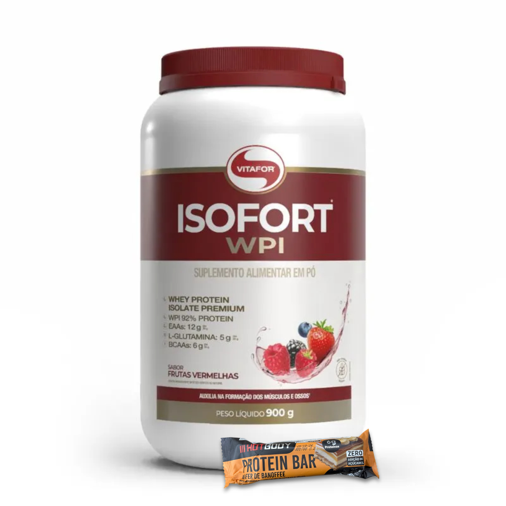 Kit Whey Isolado Isofort WPI 900g Vitafor + Barrinha Protein Bar 25g Hotbody