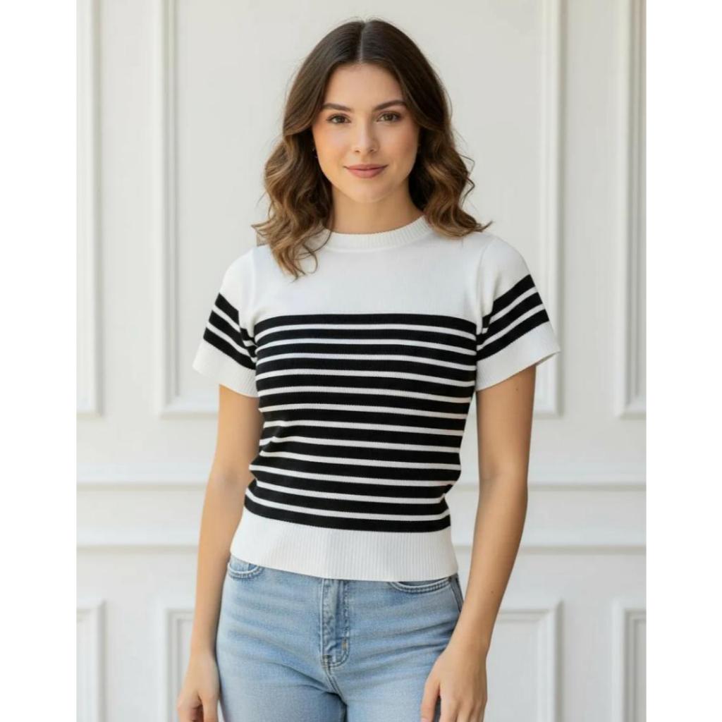 Blusa Cropped Camiseta Listrada Feminina Verão Tricot Com Manguinha Modal