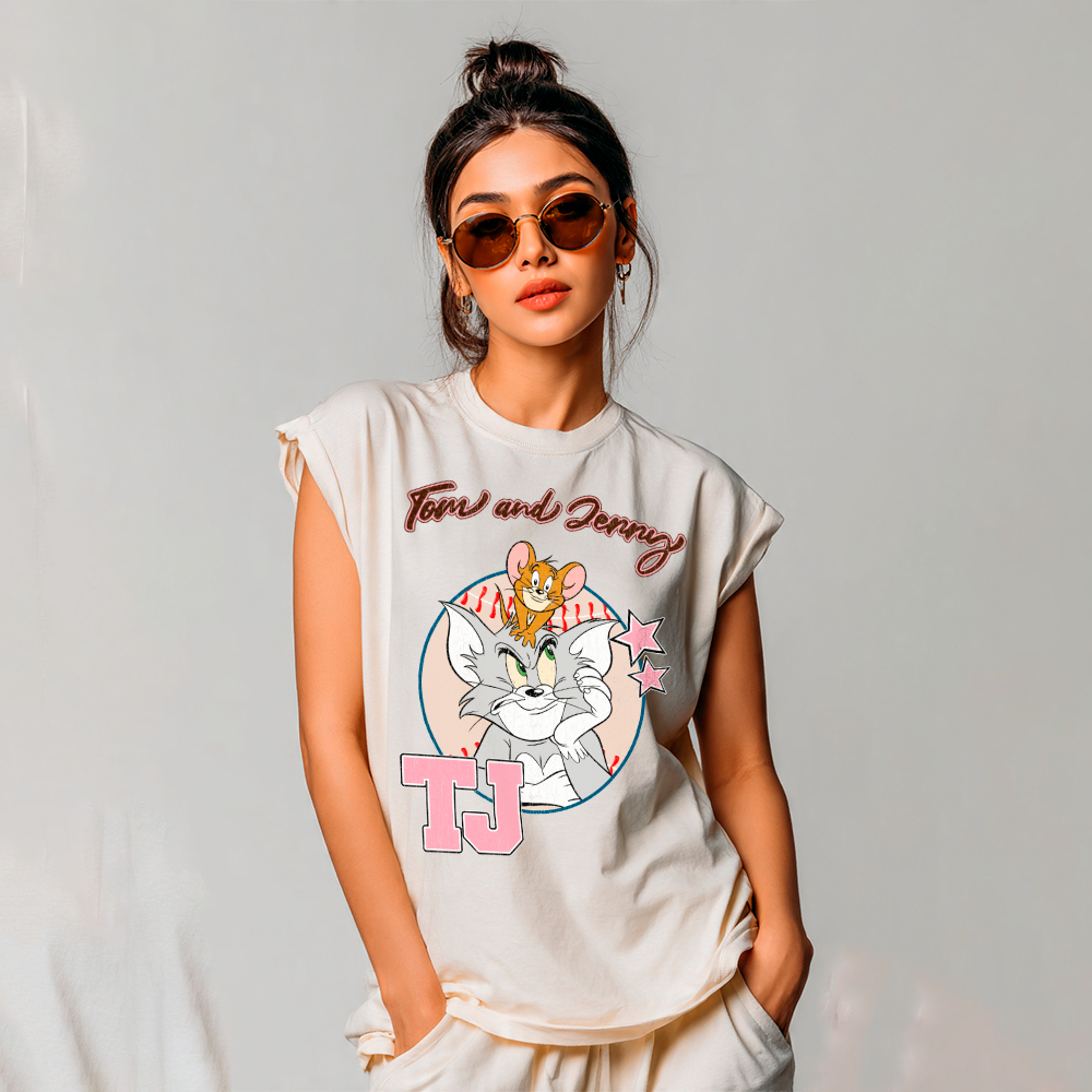 Camiseta Regata Feminina Muscle Tee Ampla Sem Manga Tom E Jerry Cartoon Desenho Amigos Estilo Americano em Oferta na Shopee