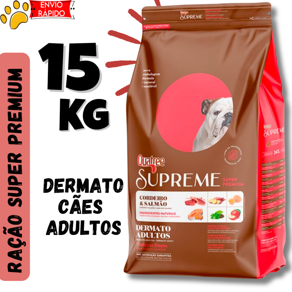 Ração Quatree Dermato Supreme 15kg Cães Adultos Cordeiro e Salmão Pele e Pelagem Envio Rápido