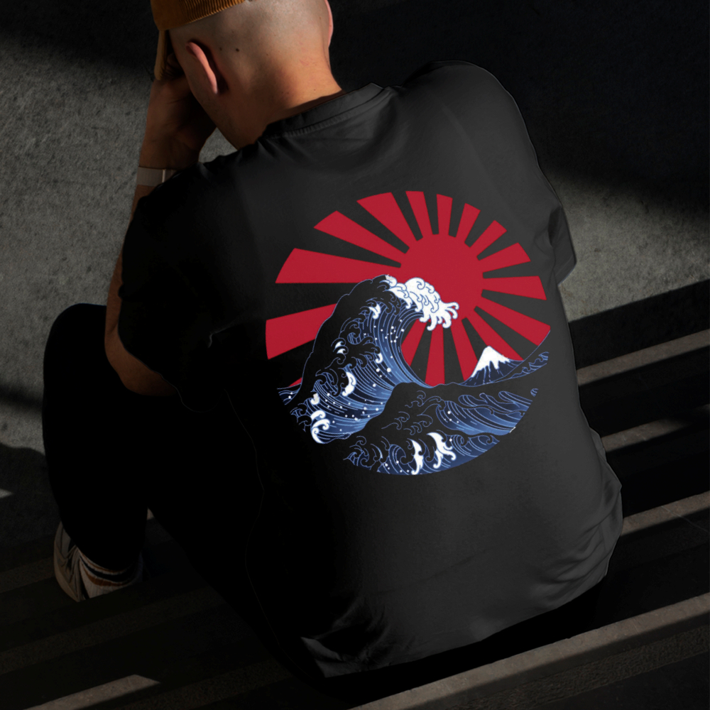 Camiseta Masculina Estampada Ondas Japonesas 100% Algodão Estilo Conforto Diário Do Tamanho P ao GG
