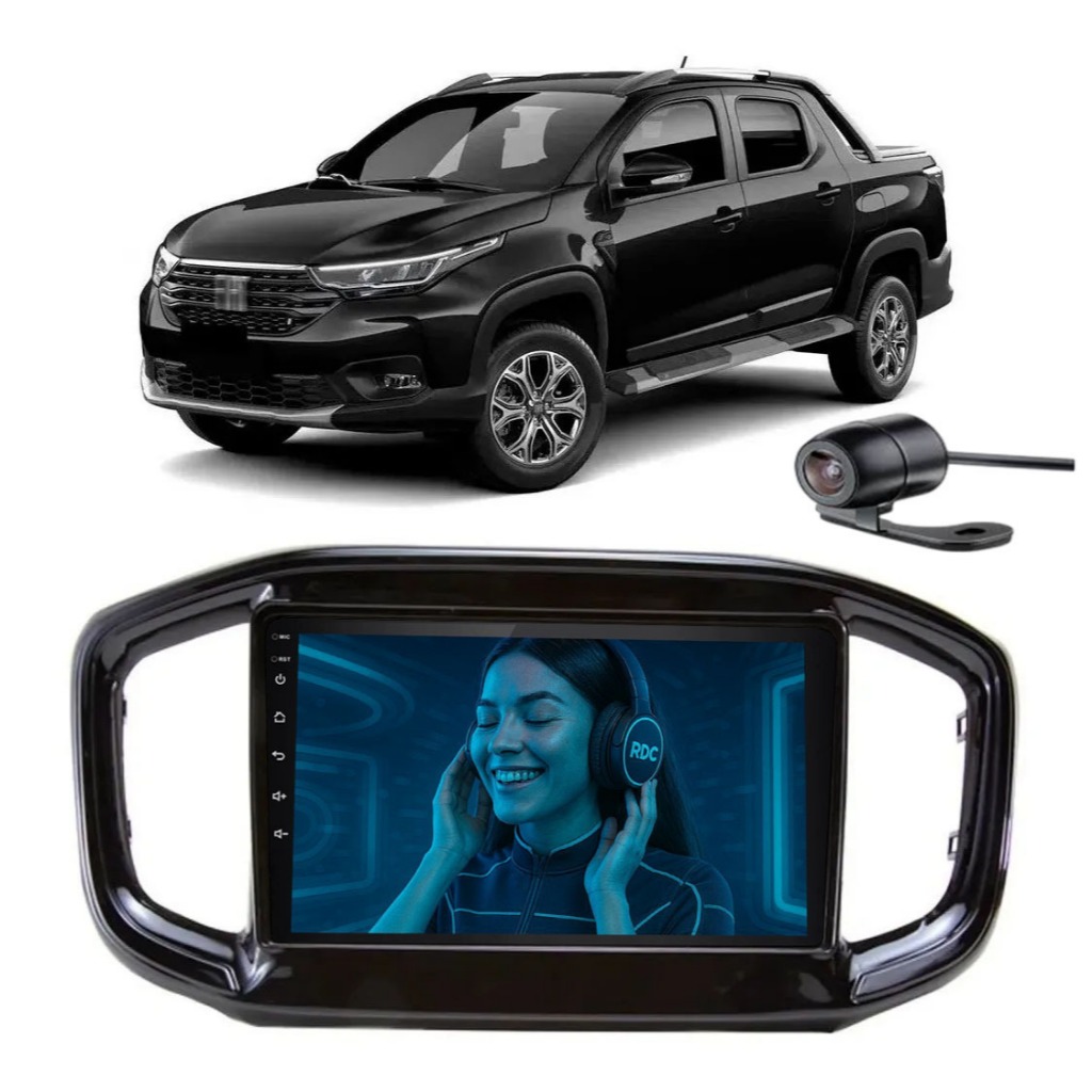 Kit Central Multimídia 9 Polegadas Carplay Android Auto Strada 2020 a 2026 Black Piano Câmera de Ré