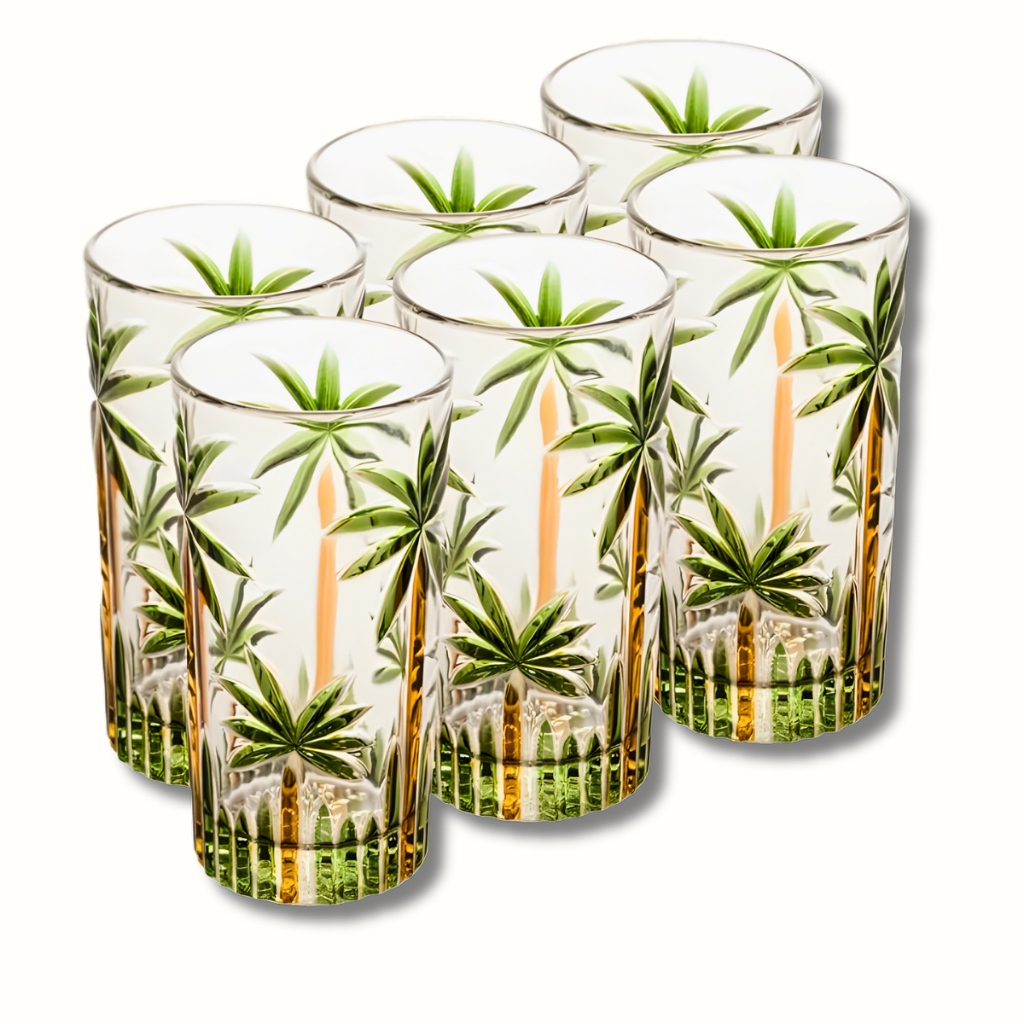 Conjunto 6 Copos Altos Sucos Drinks Palm Tree Handpaint 360 Ml Wolff