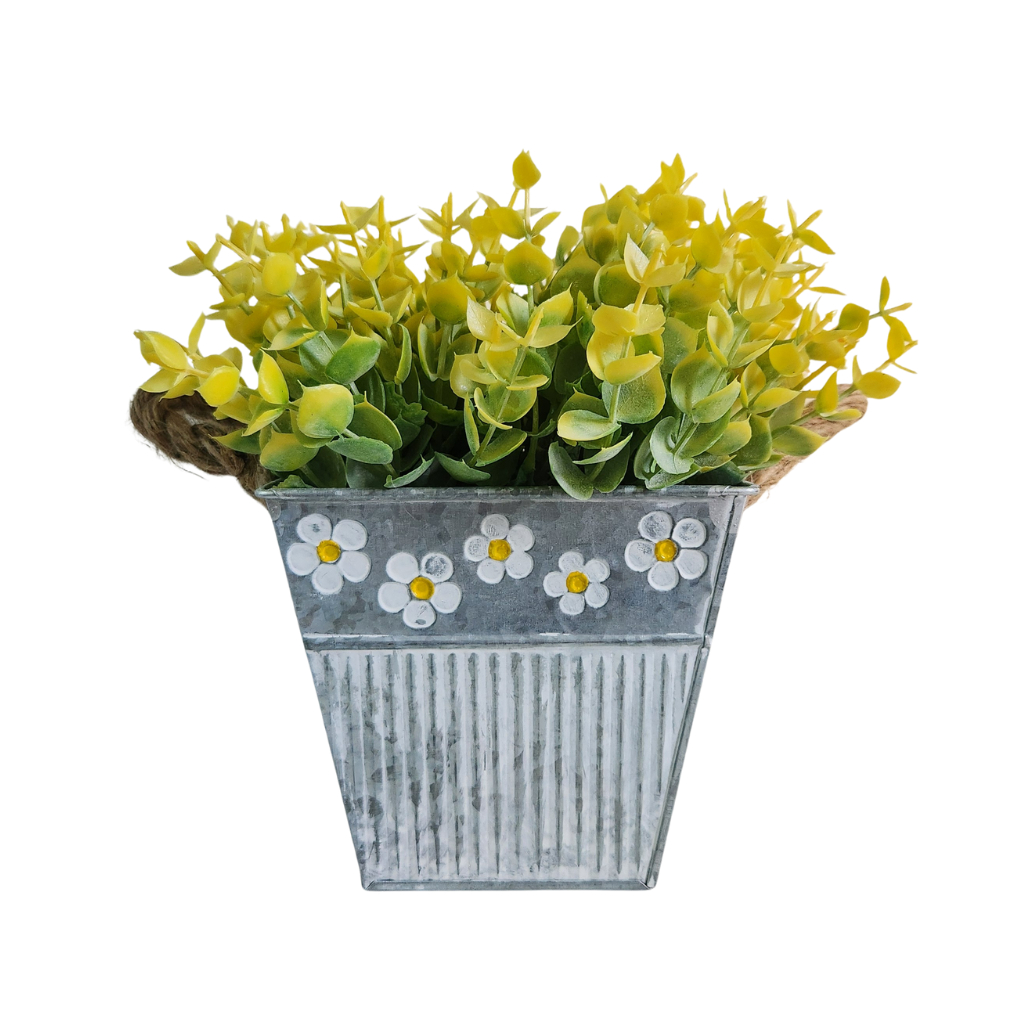 UN Floreira de Lata/Metal Vintage com Eucalipto Amarelo Cachepot Quadrado para Arranjo, Flores, Plantas e Decoração