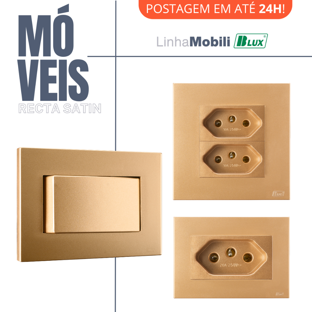 Conjunto Tomada Embutir Moveis Mobili Ouro Dourada 10a 20a Interruptor Recta Satin Fosco Blux