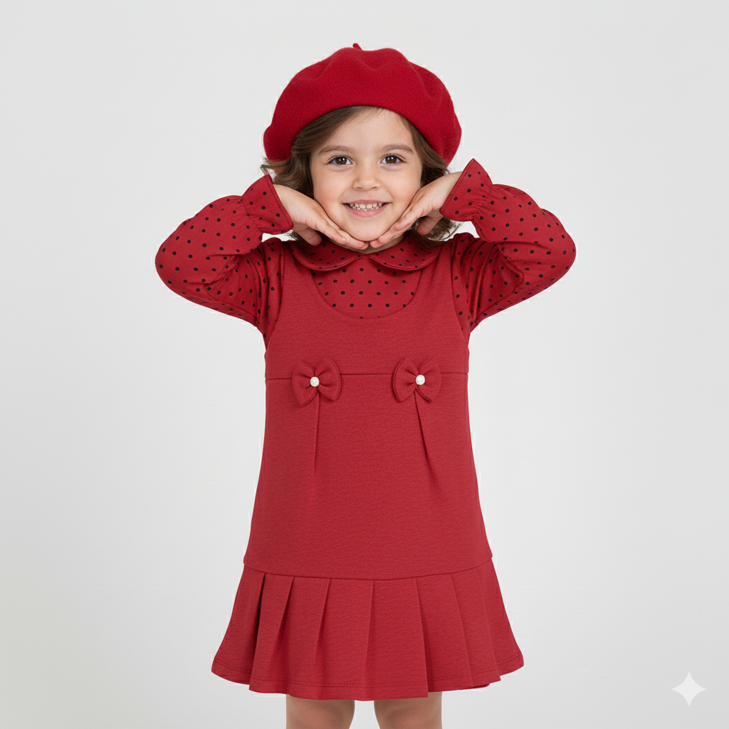 Vestido Estilo Infantil, Tipo Agasalho com Bolinhas e Boina em Tricot Básico, Moda Inverno 2023 em Oferta na Shopee