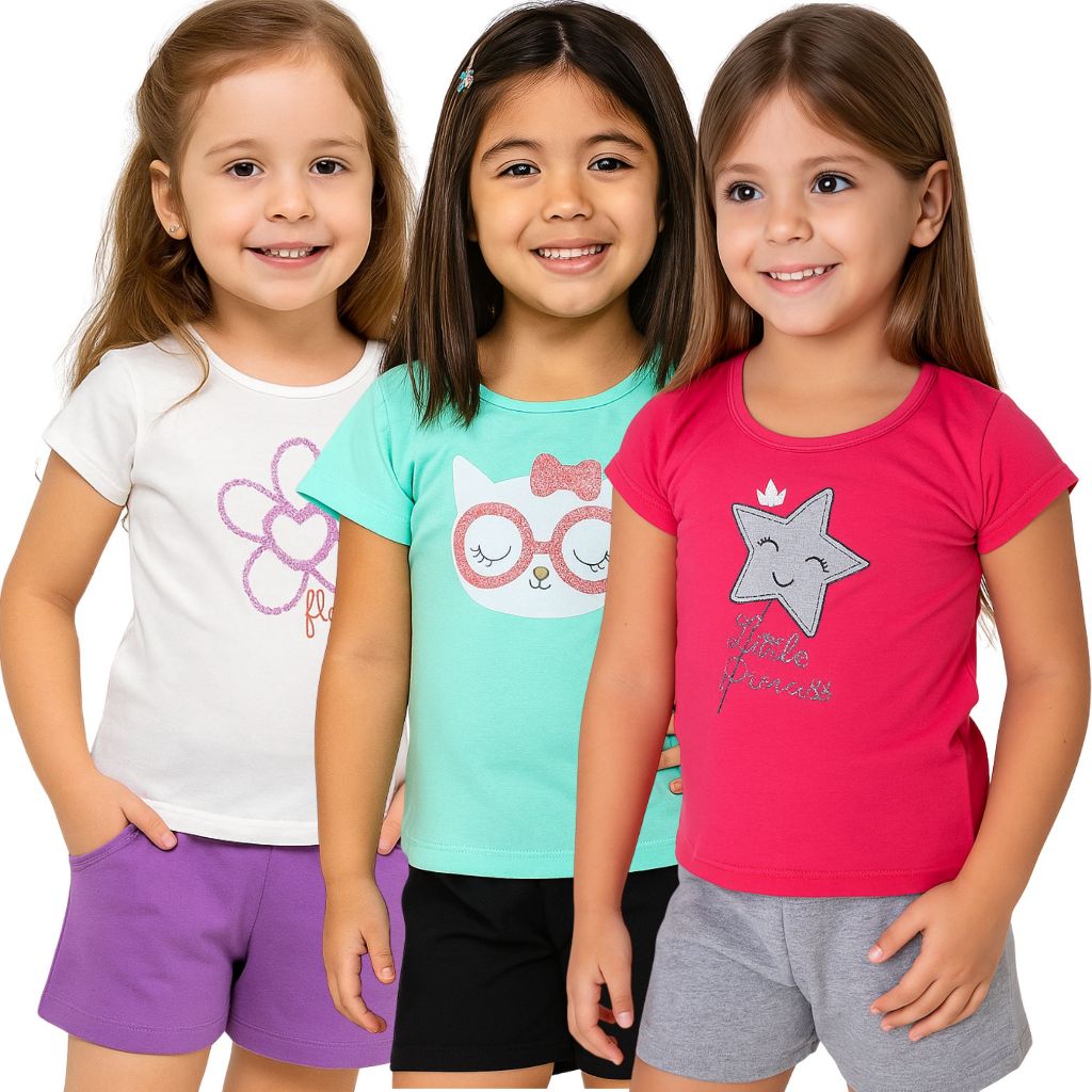 Kit 3 Conjuntos Verão Para Meninas - Tamanho 01 ao 14