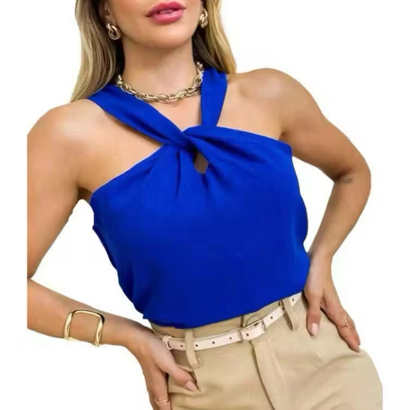 Blusa Social Feminina Duna Frente Única Nó Cruzado Look Casual Chic Natal e Ano Novo Cor Azul Royal