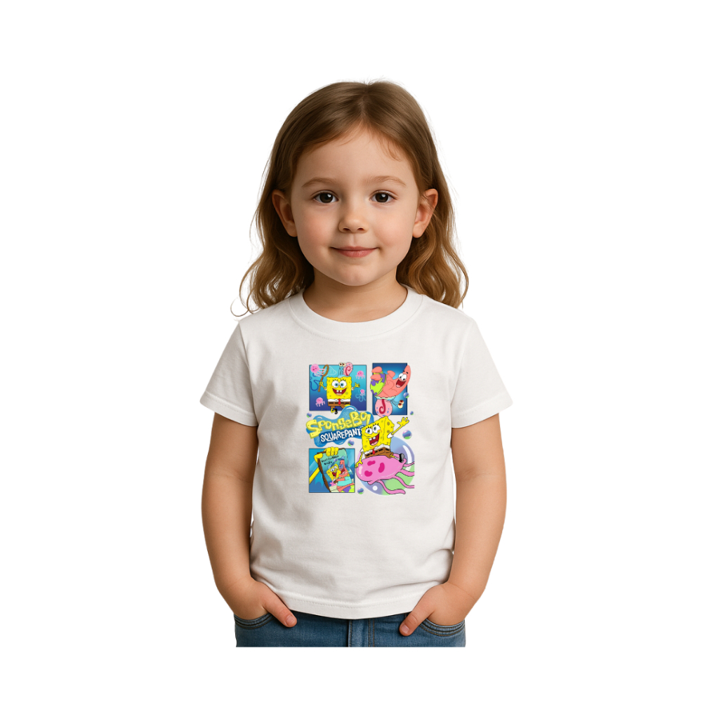 Camiseta Infantil Blusa Bob Esponja Brincando Na Fenda Do Biquini Varias Cores Algodão Fio 30,1