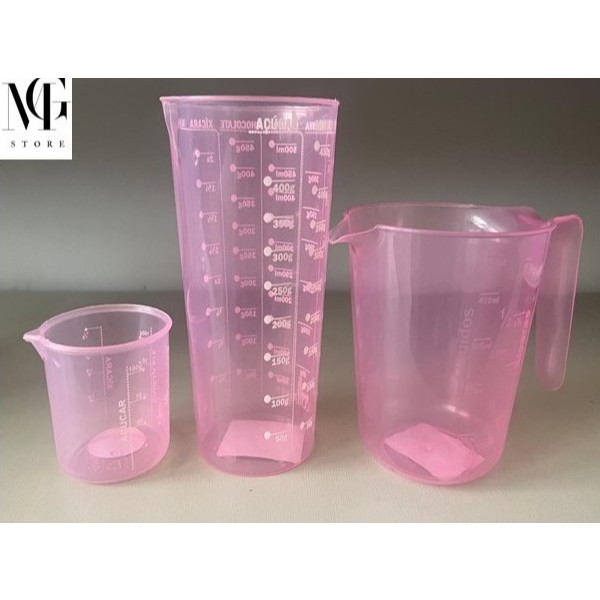 Kit de Medidores Graduados Rosa | azul | transparente - Jarra 1Le 500ml | Copo 500ml | Copo 100ml