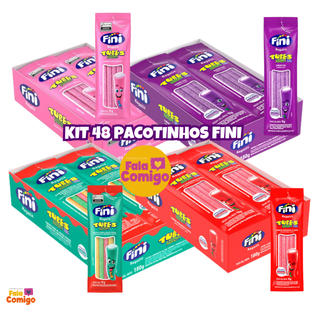 Kit 48 Pacotinhos Fini 15g Tubes Azedinho Morango Uva Tutti Frutti Três Cores