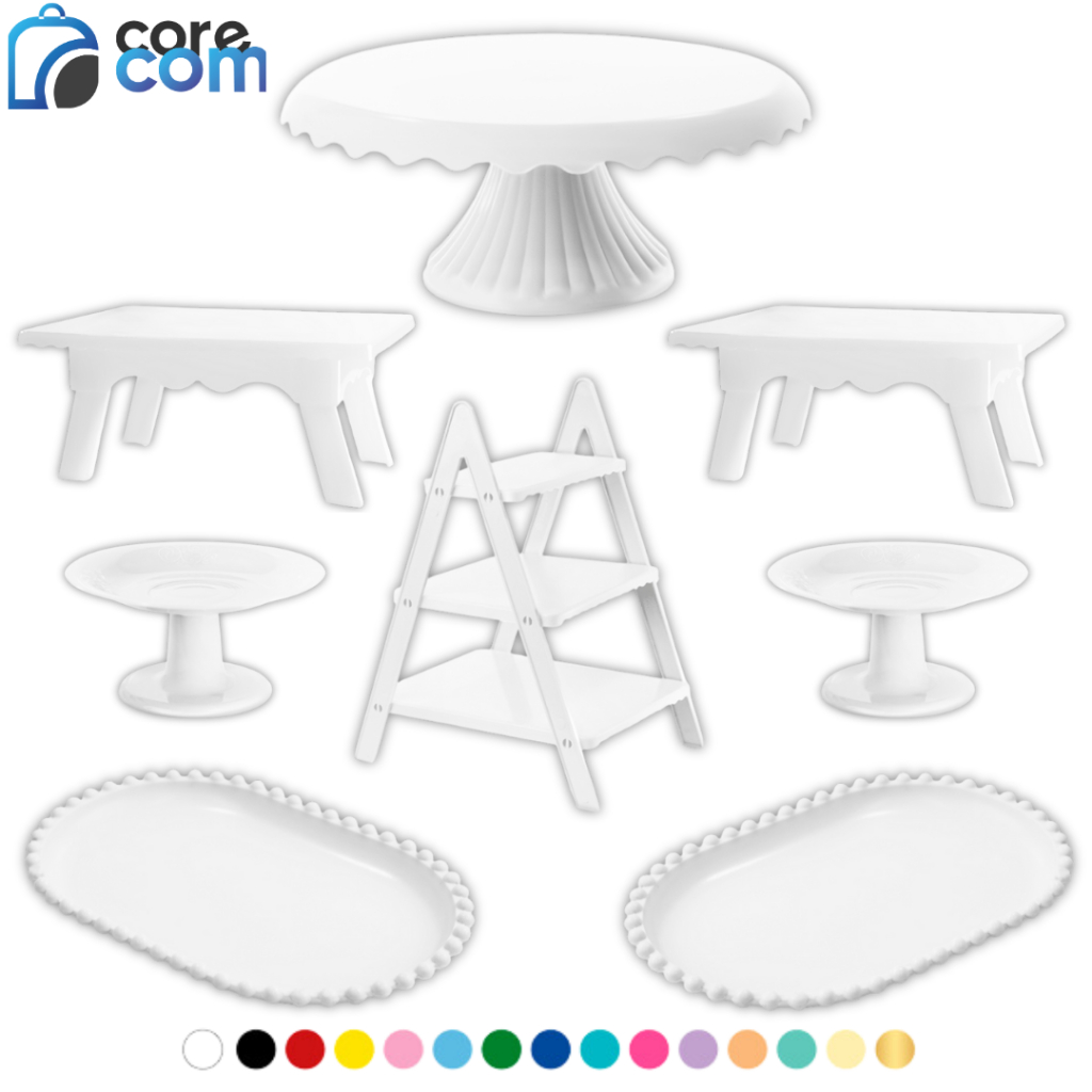 Kit 1 Boleira Cake Renda 22, 2 Mesinhas, 1 Escadinha, 2 Mini Cake, 2 Bandeja Oval Perolada em Oferta na Shopee