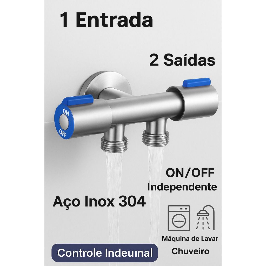Registro Duplo Inox 201/304  -2 Saídas – Registro pra Torneira Parede para Máquina e Chuveiro  Alta Resistência