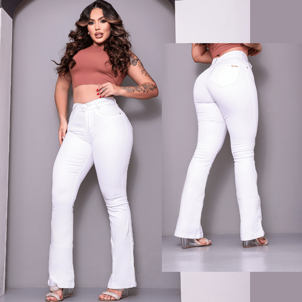 Kit 2 Calça Flare Jeans Branca Cintura Alta Corte Empina Bumbum Moda Premium Com Lycra em Oferta na Shopee