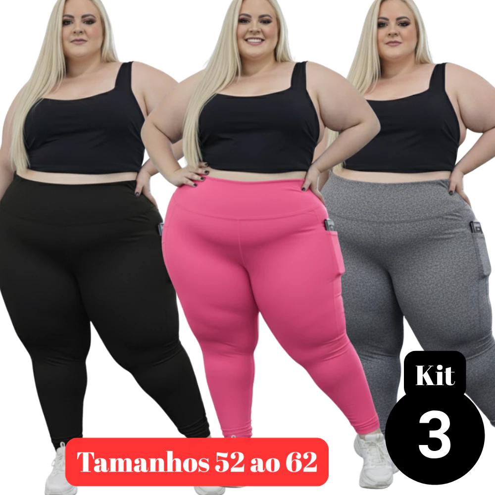 Kit 3 Calça Legging Bolso Plus Size Max (52 ao 62) Feminino Curves academia fitness — imagem 1