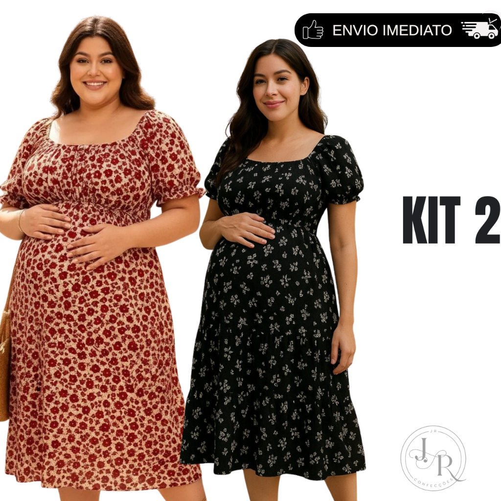 Kit 2 Vestido Feminino Gestante Estampado Floral Midi Manga Princesa Confortável Elegante Camponesa Plus Size em Oferta na Shopee