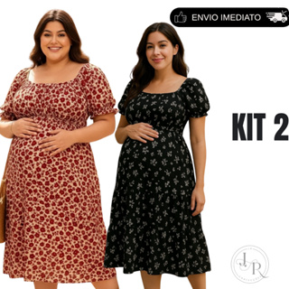 Kit 2 Vestido Feminino Gestante Estampado Floral Midi Manga Princesa Confortável Elegante Camponesa Plus Size em Oferta na Shopee