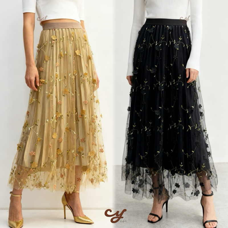 Saia Longa de Tule Plissada bordada com flores 3D–Saia bordada em relevo – Novo modelo---festa Modas em Oferta na Shopee