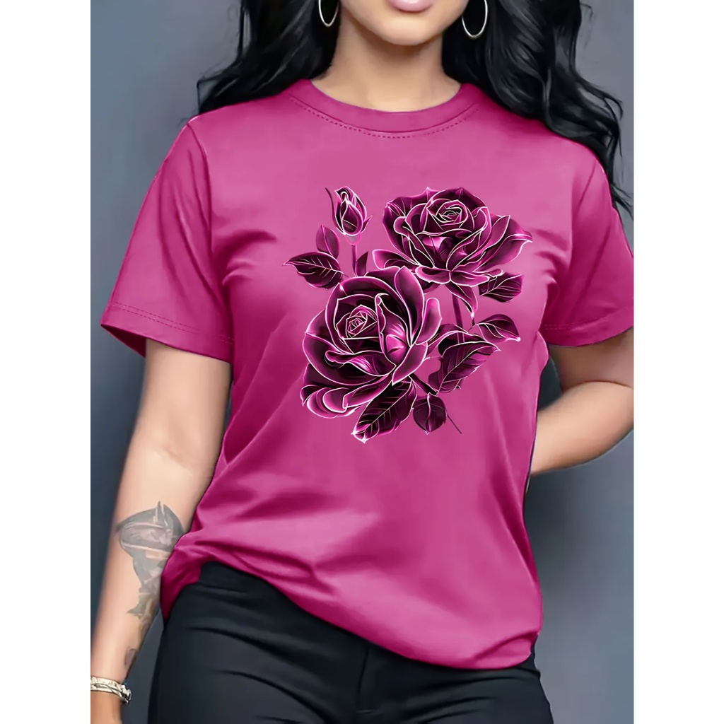 Blusa feminina de manga curta rosa escuro pink estampada flor floral elegante estilo plus size em Oferta na Shopee