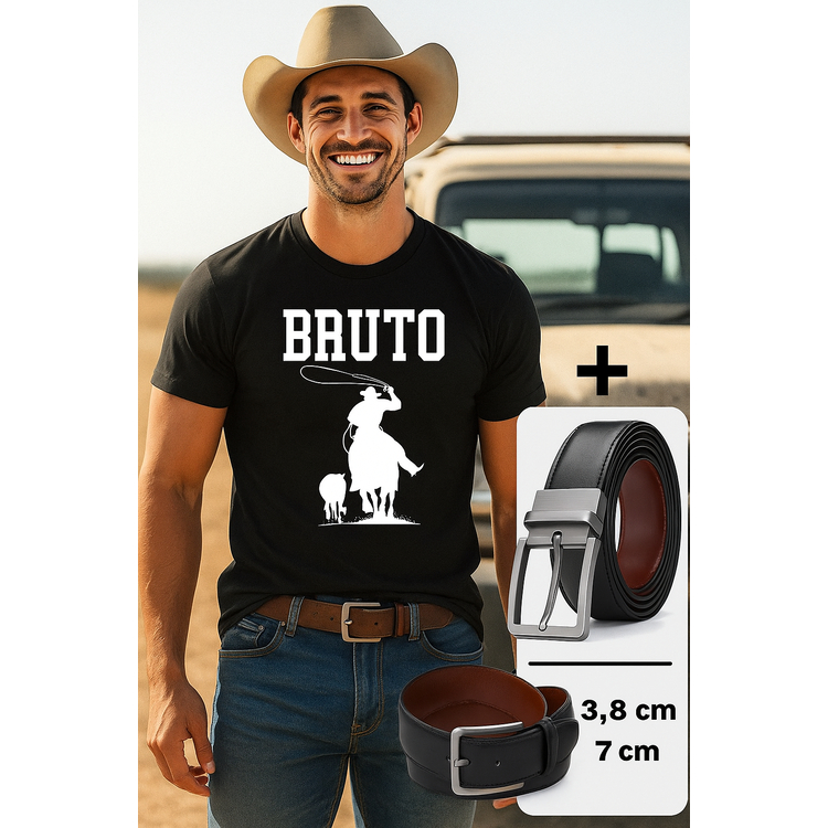 Kit Camiseta Bruto Masculino + Cintos Dupla Face Couro – Estilo Country Cowboy Western Rodeio Agro