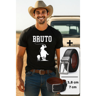 Kit Camiseta Bruto Masculino + Cintos Dupla Face Couro – Estilo Country Cowboy Western Rodeio Agro