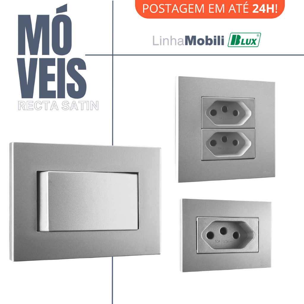 Conjunto Tomada Embutir Moveis Mobili Prata Cinza 20a Interruptor Paralelo Recta Satin Fosco Blux