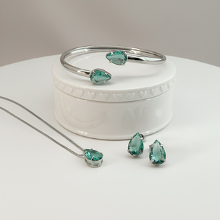 Conjunto Luxo Feminino – Colar, Brinco e Pulseira Gota Verde em Oferta na Shopee
