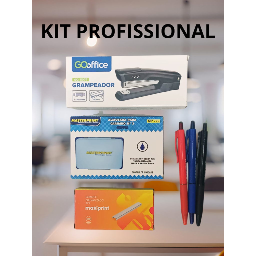 Kit Profissional Grampeador GoOffice 50 Folhas GO.5079 + Grampos Canetas e Almofada para Carimbo