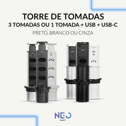 Torre 3 Tomadas ou 1 Tomada + USB + Tipo C Embutir Retrátil Elevor Para Bancada Neo Avant