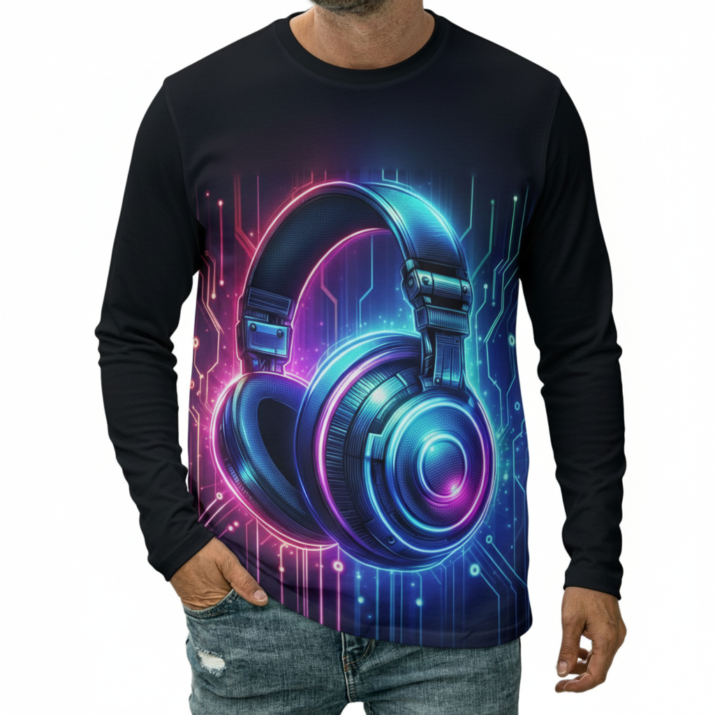 Camiseta Headphone Neon Música Eletrônica Dj Manga Longa