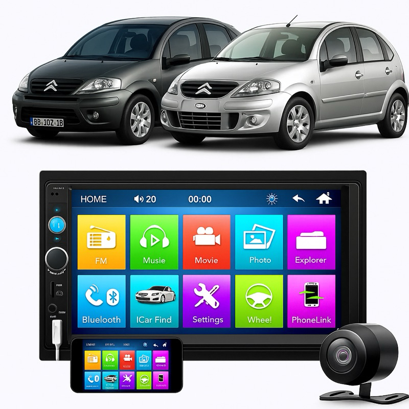Multimídia Mp5 Citroen C3 2005 2006 2007 2008 2009 2010 2011 2012 Espelha Android IOS Bluetooth + Moldura + Camera de ré