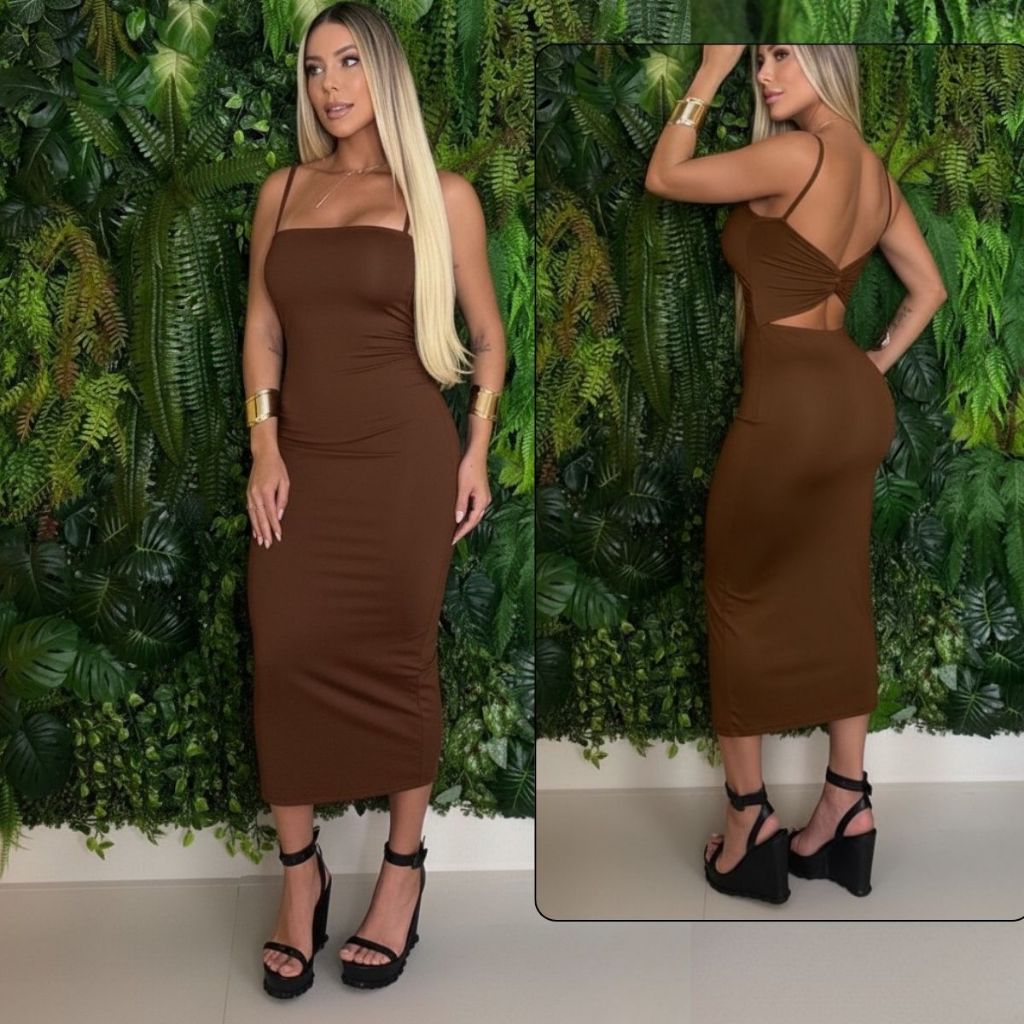Vestido Midi Alcinha Decote Reto Vestido Feminino Colado com bojo na Poliamida Premium 2 Em 1 em Oferta na Shopee