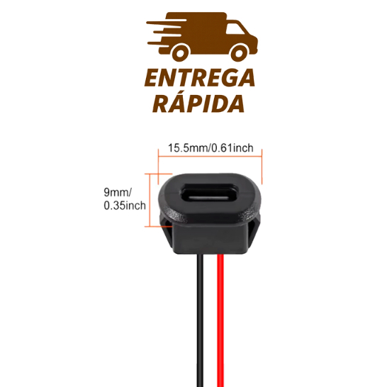 Conector Jack PRETO Tipo C 5V. Fêmea Carregamento Rabicho Impermeável 2 Fios Soldar RETÂNGULO
