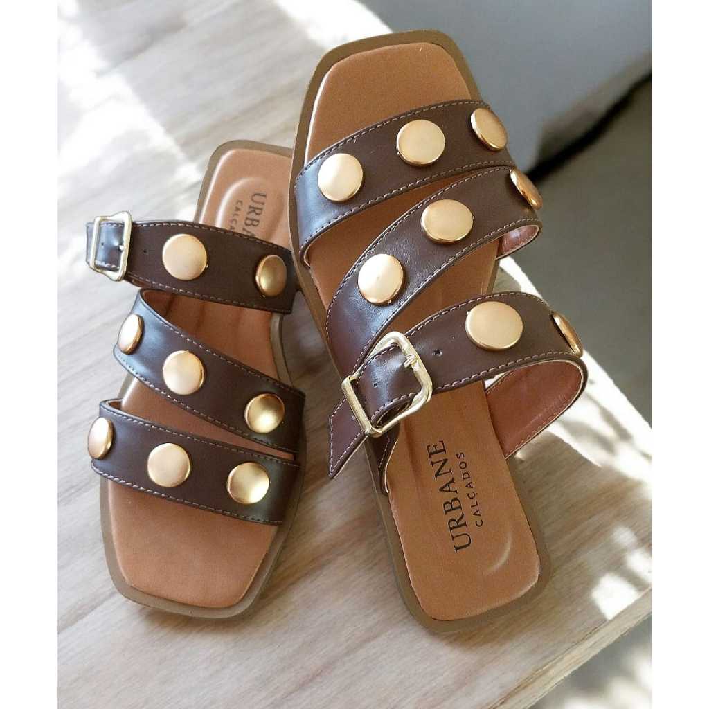 Rasteirinha Feminina Confortável Dia a Dia com Detalhes Dourado em Oferta na Shopee