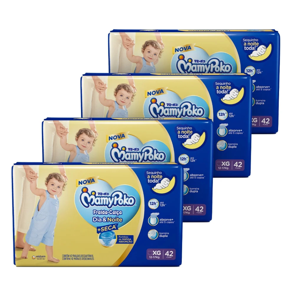 Fralda Descartável MamyPoko Calça Dia & Noite Tamanho XG - 4 Pacotes com 42 Fraldas - Total 168 Tiras em Oferta na Shopee