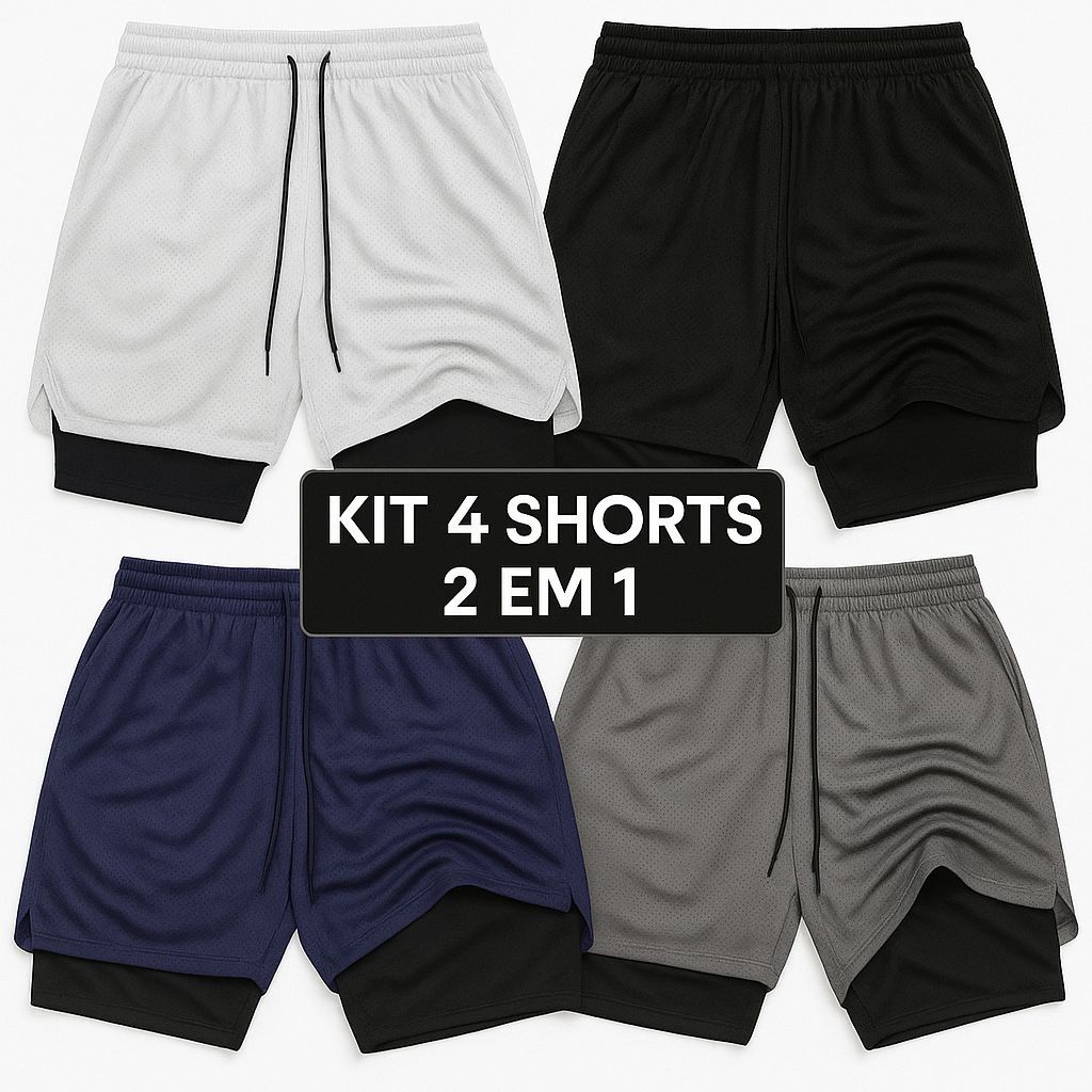 Kit 4 Shorts Masculinos 2 em 1 Com Elastano Secagem Rápida Para Academia e Treino