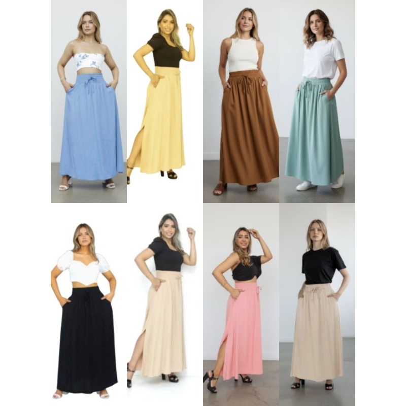 Saia Longa Feminina Viscolinho com Fenda e Bolsos | Forrada e Estilo Casual Elegante em Oferta na Shopee